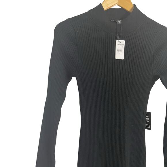 Express Black Ribbed Knit Long Sleeve Mock Neck Asymmetric Sweater Midi Dress M - Picture 7 of 13